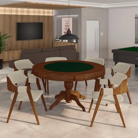 Conjunto Mesa de Jogos Carteado Bellagio Tampo Reversível Preto e 6 Cadeiras Madeira Poker Base Estrela Linho OffWhite/Imbuia G42 - Gran Belo