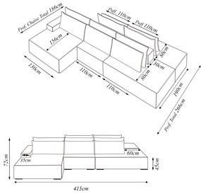 Sofá Ilha com Encosto e Almofadas Delta 415cm Modulado Chaise e Puffs Veludo Castor G52 - Gran Belo