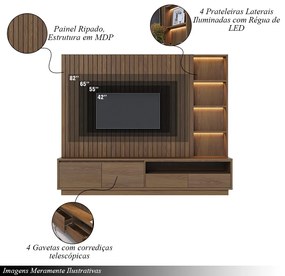 Home Estante Para TV 82 Monterrey Detalhe Ripado e Nichos com Led Amêndoa G73 - Gran Belo