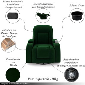 Poltrona do Papai Reclinável Giratória e Balanço Sala de Cinema Crihs Manual Glider Veludo Verde Esmeralda G23 - Gran Belo