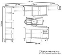 Armário de Cozinha Modulada 5 Peças CP15 Balcão com Pia Inox Preto/Cin