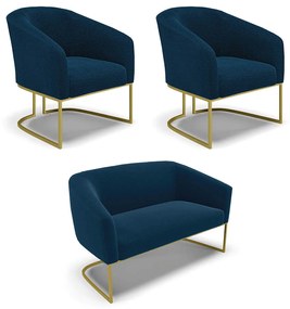 Namoradeira e 2 Poltronas Industrial Dourado Stella Bouclê Azul D03 - D'Rossi