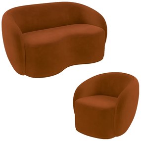 Conjunto 1 Sofá Living 180cm e 1 Poltrona Decorativa Sala de Estar Íbis Encosto Fixo Veludo Terracota G33 - Gran Belo