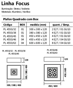 Plafon De Sobrepor Quadrado Focus C/ 04 Box 60X60X12Cm 8L E27 / 4L Gu1... (MT-M Mate Metálico)