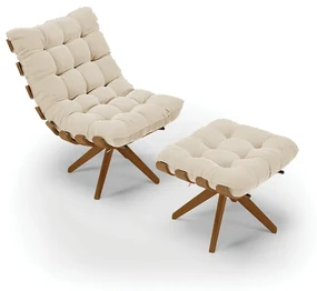 Poltrona com Puff GiratĂłrio Costela Suede Bege Base de Madeira MA30 M11 - D'Rossi
