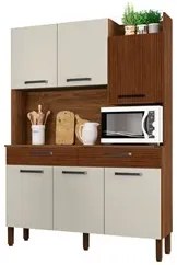 Armário de Cozinha Compacta 132cm Stella K02 Nogueira/Off White/Ripado