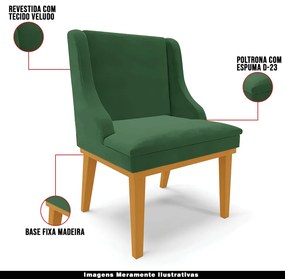 Kit 2 Cadeiras Decorativas Sala de Jantar Base Fixa de Madeira Firenze Veludo Verde Esmeralda/Castanho G19 - Gran Belo