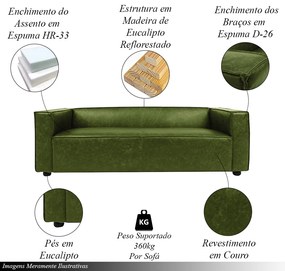 Sofá Decorativo Ryan 3 Lugares Sala de estar 220cm Couro Verde Manchado G40 - Gran Belo