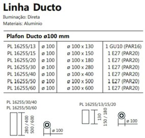 Plafon Ducto Ø10X15Cm 1Xpar20 E27 | Usina 16255/15 (DR-M Dourado Metálico)