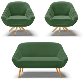 Kit 01 Namoradeira 02 Lugares e 02 Poltronas Giratória Giovana Suede Base Madeira MA30 - D'Rossi - Verde