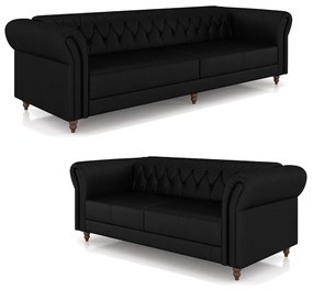 Conjunto de Sofá Sala de Estar Stanford Chesterfield 2 e 3 Lugares 200cm/260cm Pés Madeira Couro Preto Brilho G58 - Gran Belo