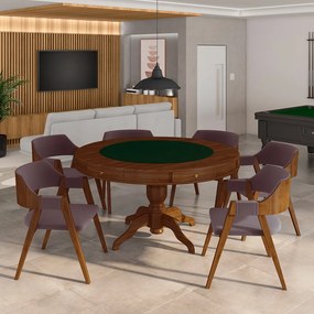 Conjunto Mesa de Jogos Carteado Bellagio Tampo Reversível e 6 Cadeiras Madeira Poker Base Estrela Veludo Rosê/Imbuia G42 - Gran Belo