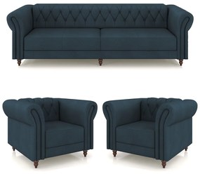 Conjunto Sala de Estar 1 Sofá Living 240cm e 2 Poltronas Stanford Chesterfield Pés Madeira Couro Azul Marinho G58 - Gran Belo