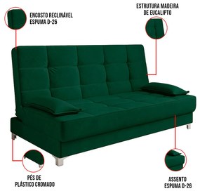 Sofá Cama Equador 193 cm Encosto Reclinável Veludo Pés Plástico Cromado - D'Rossi - Verde Militar