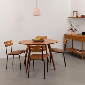 Conjunto Mesa de Jantar Square Laminada Redonda Natural - 1,08m + 4 Cadeiras Ribs PU - Caramelo