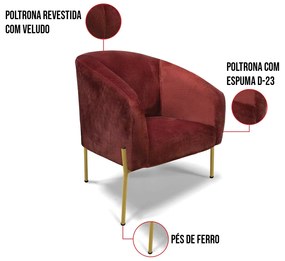 Poltrona Decorativa Pé Ferro Dourado Stella Veludo Text Marsala D03 - D'Rossi