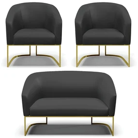 Namoradeira e 2 Poltronas Industrial Dourado Stella Sintético D03 - D'Rossi - Preto