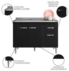 Balcão Gabinete Com Pia Inox 120cm 3 Portas e 1 Gaveta Gabriela Preto