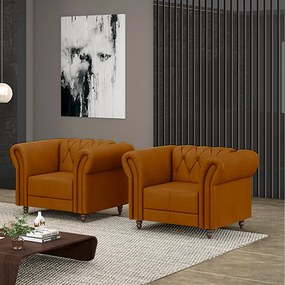 Kit 2 Poltronas Decorativas Sala de Estar Stanford Chesterfield Pés de Madeira Couro Mel G58 - Gran Belo