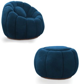 Poltrona Decorativa Orgânica Giratória com Puff Cloud Bouclê E03 - D'Rossi - Azul Marinho