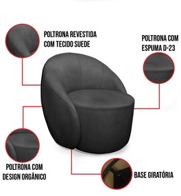 Poltrona Decorativa Orgânica Giratória Kit 2 Lua Suede D03 - D'Rossi - Preto