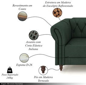 Sofá Living Sala de Estar Stanford Chesterfield 3 Lugares 240cm Pés de Madeira Couro Verde G58 - Gran Belo