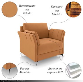 Conjunto Poltrona e Sofá Decorativo Violet 3 Lugares 223cm Pés em Alumínio Preto Veludo Terracota G45 - Gran Belo