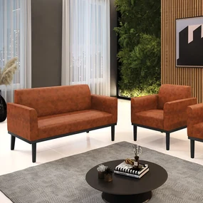 Conjunto Poltrona e Namoradeira Decorativa Isabella Pés Fixo em Madeira Preto PU Nozes G19 - Gran Belo