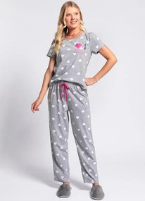 Pijama Corações Mescla/Branco em Malha