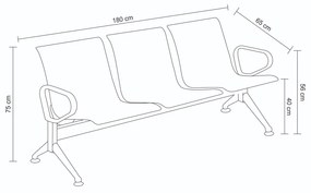 Longarina para Escritório 180cm Desk 3 Lugares Braços Externos em Aço Inox G56 - Gran Belo