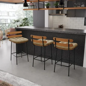 Kit 02 Banquetas Costela Suede Base Metálica Preto - D'Rossi - Marrom Rato