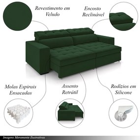 Sofá Decorativo Hugo 2 Lugares 300cm Reclinável e Retrátil Veludo Verde G45 - Gran Belo