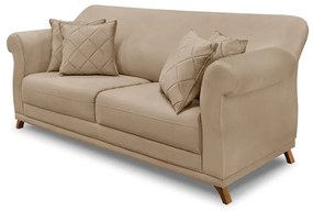 Sofá 3 Lugares Pé de Madeira Julieta 220 cm Suede Bege S04 - D'Rossi