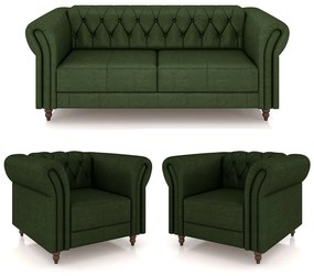 Conjunto Sala de Estar 1 Sofá Living 200cm e 2 Poltronas Stanford Chesterfield Pés Madeira Couro Verde Manchado G58 - Gran Belo