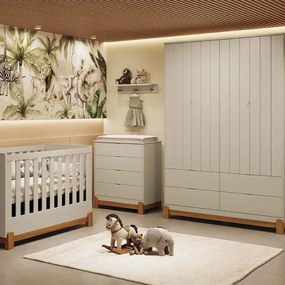 Kit Quarto Infantil Lotus Berço Mini Cama com Frisos + Cômoda 4 Gavetas + Guarda-Roupa 4 Portas com 4 Gavetas - Areia Fosco