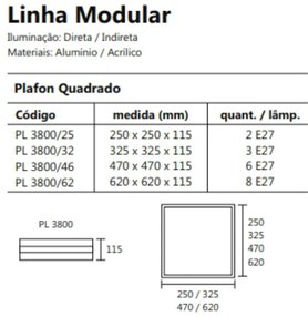 Plafon De Sobrepor Modular Quadrado 25X25Cm 02Xe27 Metal E Acrílico |... (TT-M Titânio Metálico)