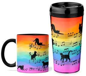 Kit Copo Viagem e Caneca Gato Musical Arco Iris Colorido Cat Lover