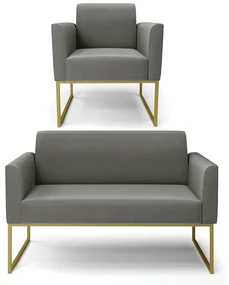 Sofá Namoradeira com Poltrona Base Industrial Dourado Marisa Suede Grafite D03 - D'Rossi