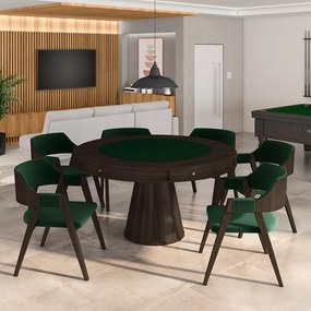 Conjunto Mesa de Jogos Carteado Bellagio Tampo Reversível e 6 Cadeiras Madeira Poker Base Cone Veludo Verde/Capuccino G42 - Gran Belo