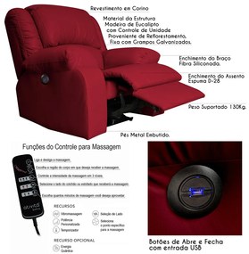 Poltrona do Papai Reclinável Elétrica com Massagem e USB Magnum PU Sintético Vermelho G23 - Gran Belo