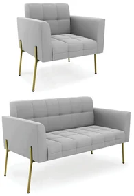 Sofá Namoradeira e Poltrona Pé de Ferro Dourado Elisa Suede D03 - D'Rossi - Cinza