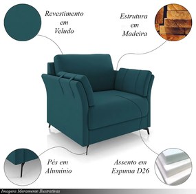 Conjunto Poltrona e Sofá Decorativo Violet 2 Lugares 164cm Pés em Alumínio Preto Veludo Azul Marinho G45 - Gran Belo