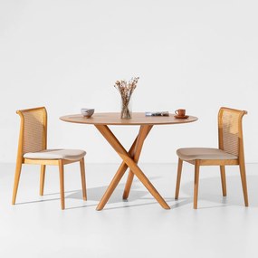 Conjunto Mesa de Jantar Thai Redonda Carvalho Americano - 1,20m + 2 Cadeiras Malai Encosto Palha Natural Linne - Cru