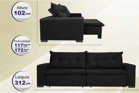 Sofá Austrália 3,12m Retrátil, Reclinável, Molas e Pillow no Assento Tecido Suede Preto Cama InBox