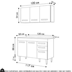 Armário Aéreo Honduras e Balcão Gabinete com Tampo 120cm Suécia Cinza