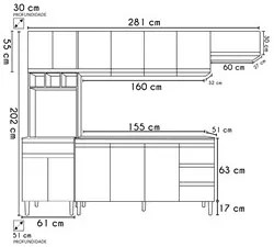 Cozinha Modulada 4 Peças Balcão sem Tampo 160cm Andréia Amêndoa/Preto