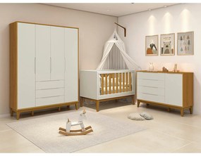 Kit Quarto Infantil com Pés Square Mel - Cômoda Elfe 4 Gavetas e 1 Porta + Guarda-Roupa Elfe + Berço Mini Cama Noah - Areia e Savana