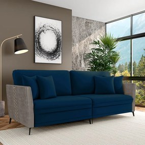 Sofá Living Decorativo Zagreb 2 Lugares 222cm com Almofadas Pés de Ferro Veludo/PU Azul/Cinza G33 - Gran Belo