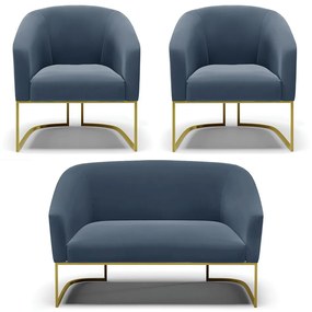 Namoradeira e 2 Poltronas Industrial Dourado Stella Suede Azul M  D03 - D'Rossi