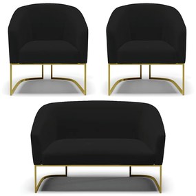 Namoradeira e 2 Poltronas Industrial Dourado Stella Linho Preto D03 - D'Rossi